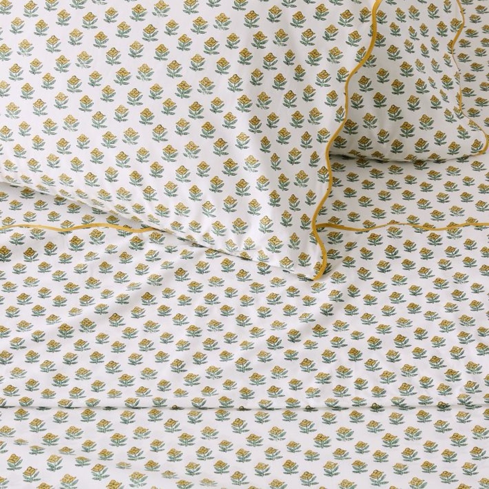 West Elm x Rhode block print Begonia yellow pattern queen size sheets